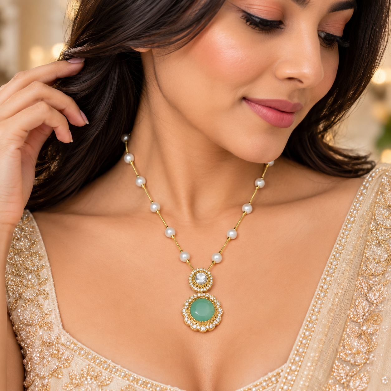 Green Gemstone Pearl Necklace for Women