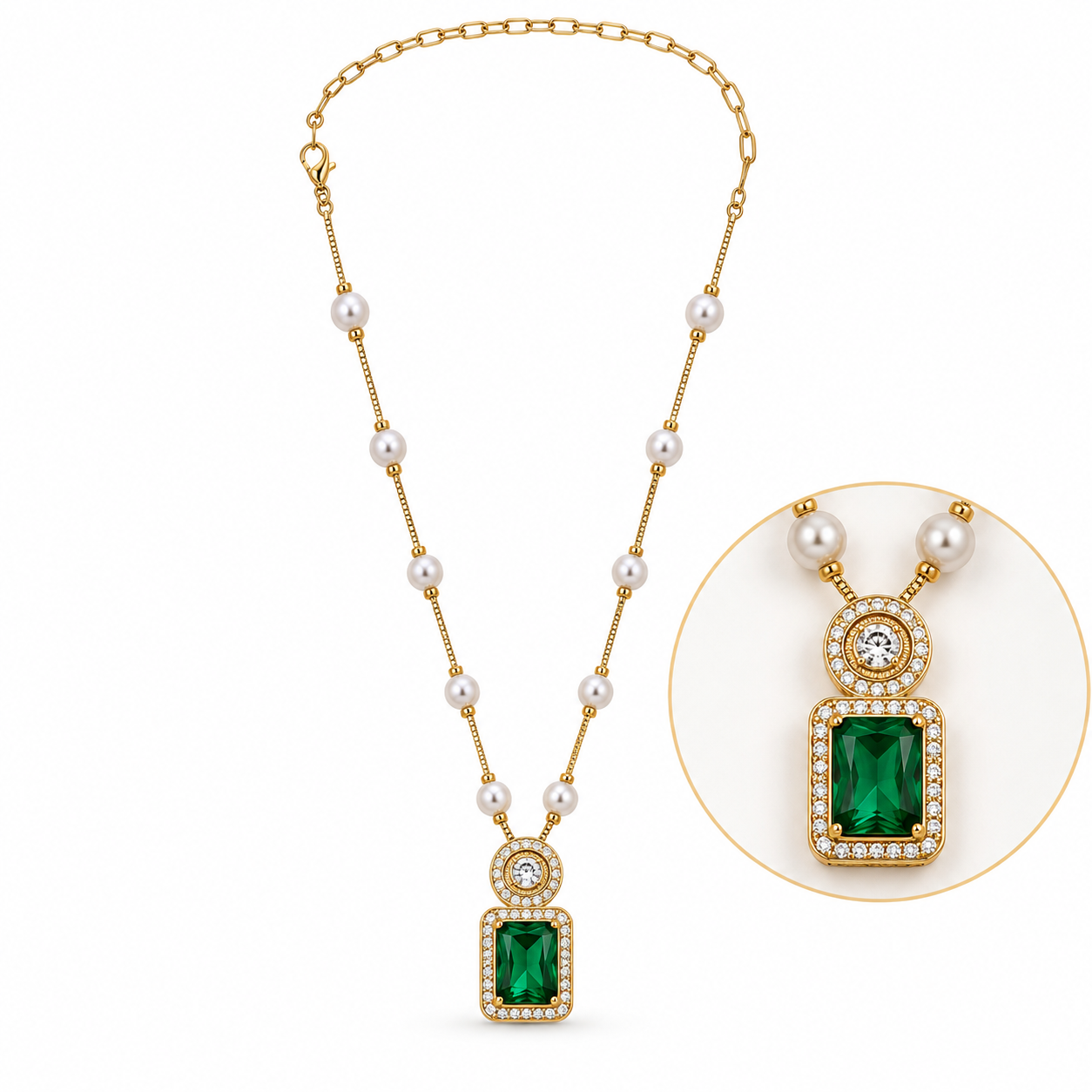 ZivaShine Elegant Pearl Chain with Emerald Green Pendant image 2