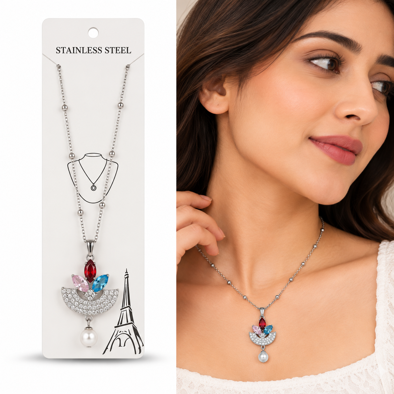 ZivaShine Multicolor Crystal Pearl Statement Necklace