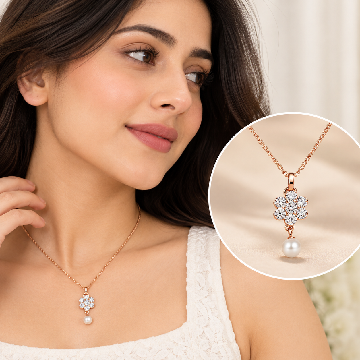 ZivaShine Rose Gold Floral Pearl Pendant Necklace