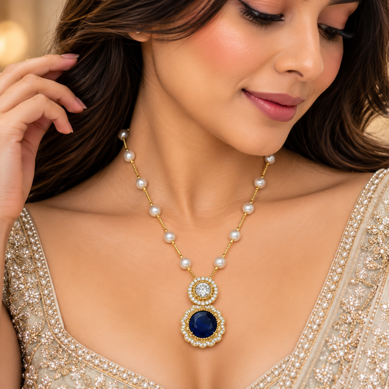 Royal Blue Gemstone Pearl Pendant Necklace for Women