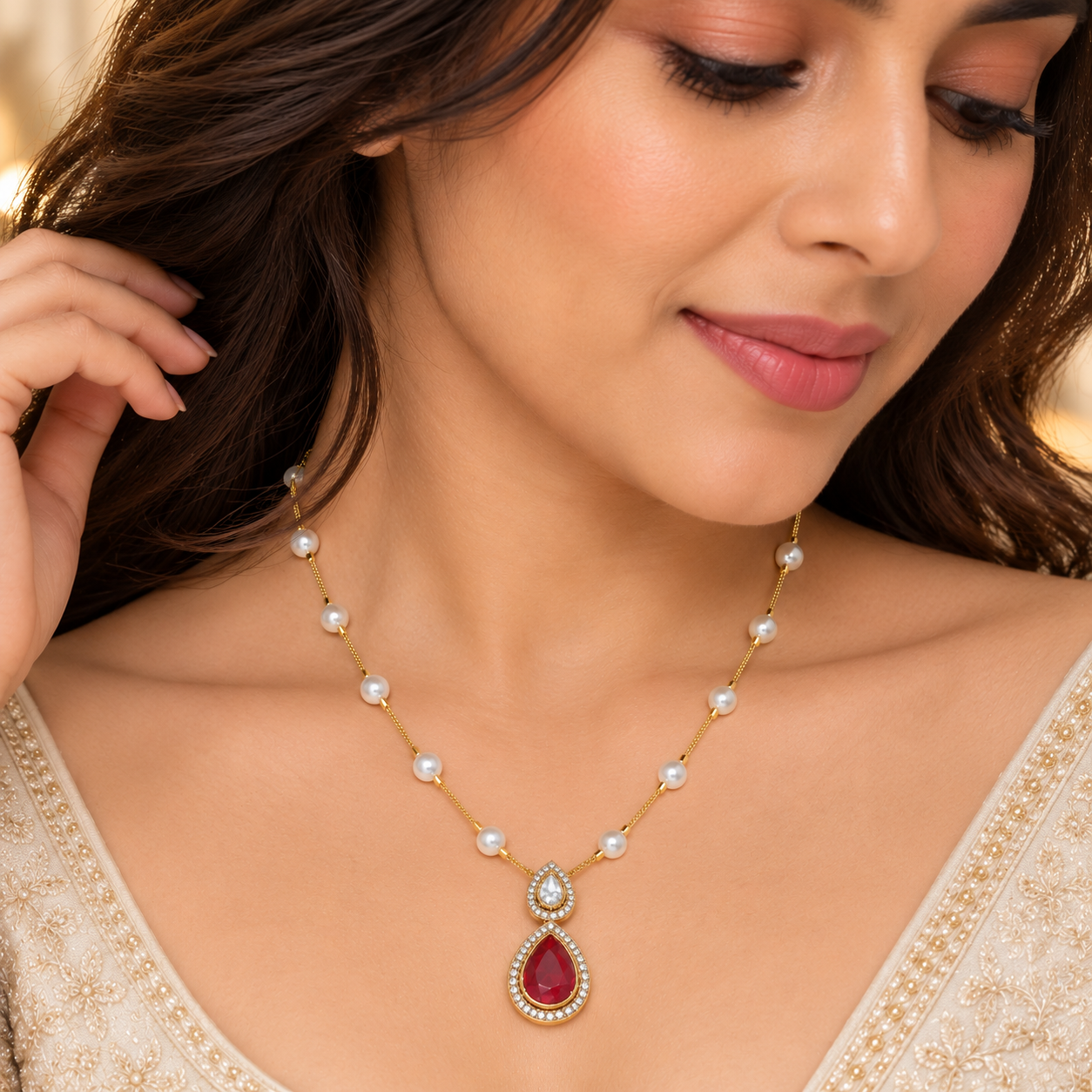 Ruby Red Double Teardrop Pearl Pendant Necklace Copy Product Name