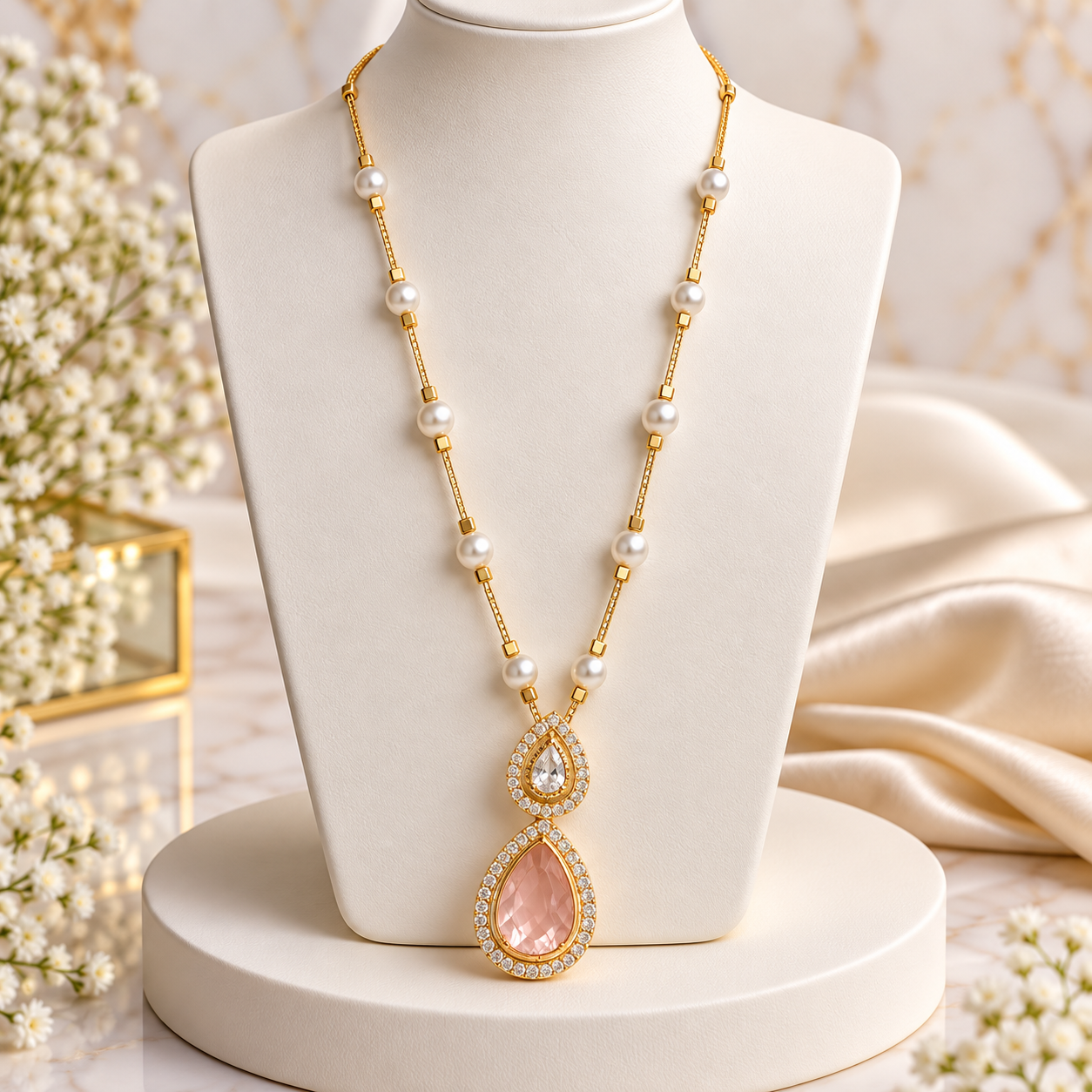 ZivaShine Pearl Chain Pink Teardrop Pendant Necklace