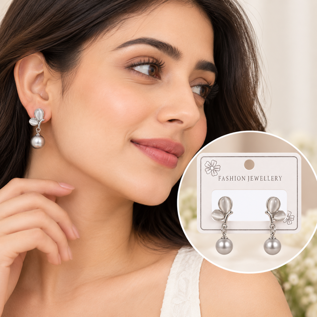 ZivaShine Floral Pearl Drop Earrings